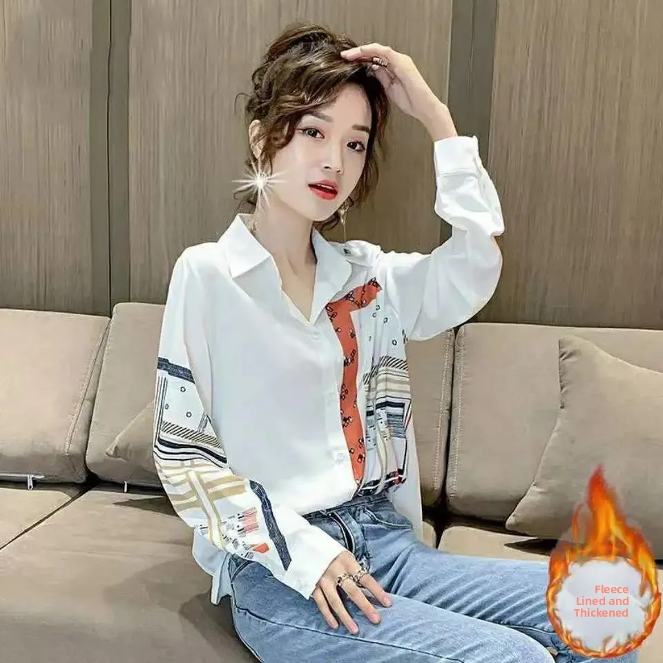 

Trendy Korean Sle Long Sve Fce Lined Printed irt Women's Top Design Sensation Small ence Spring Autumn New Arrival