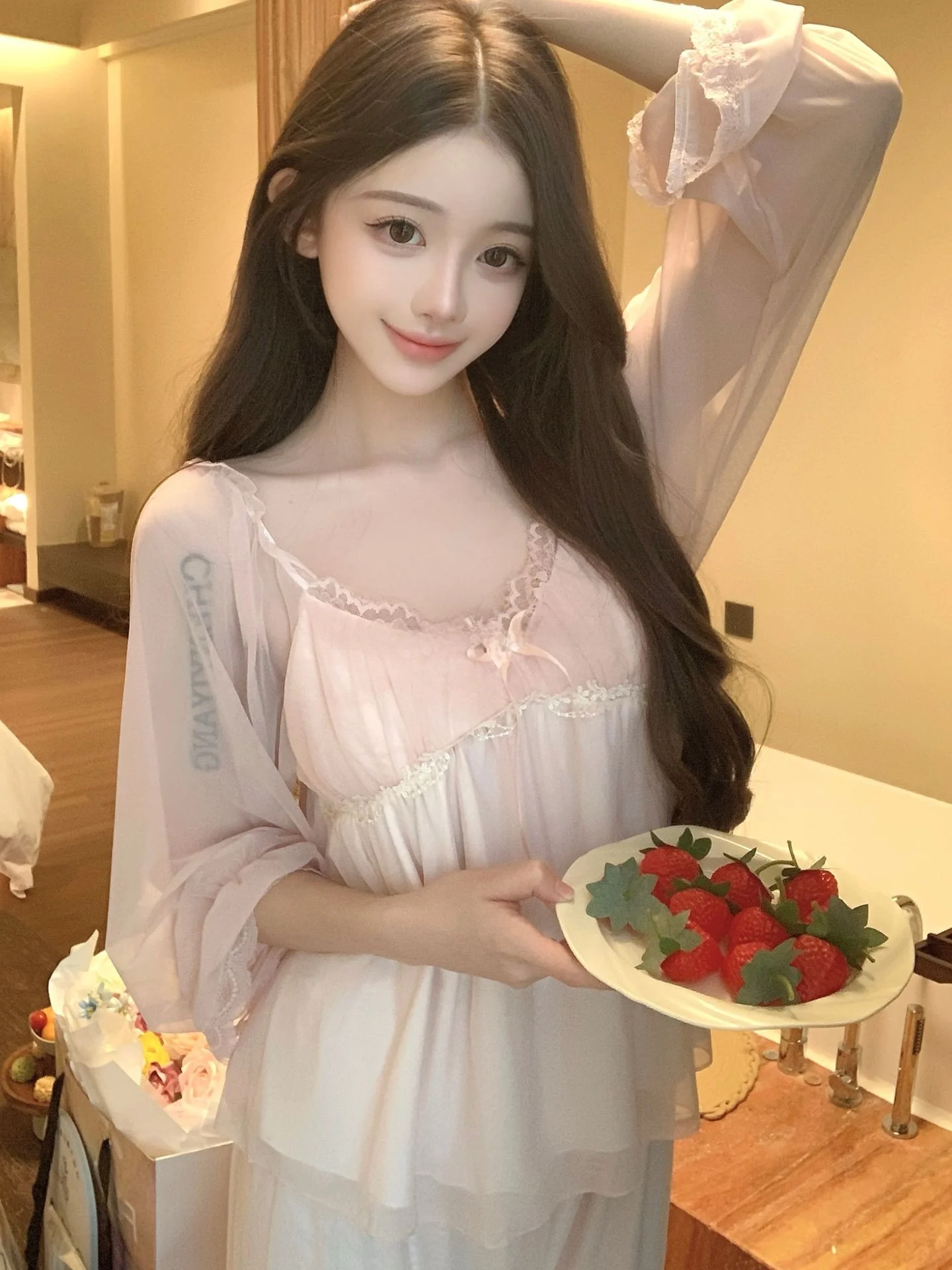 

Нежная женская пижама в стиле Sweet Pure Desire с подкладкой на груди, длинными рукавами, сетчатым кружевом, V-образным вырезом, из мягкой ткани, для дома