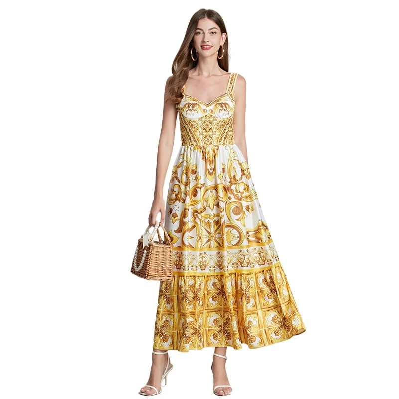 

TRAFNew Summer Yellow and White Porcelain Print Long Dress Women's Spaghetti Strap Cup Padded Elastic Backless Maxi Robe Vestido