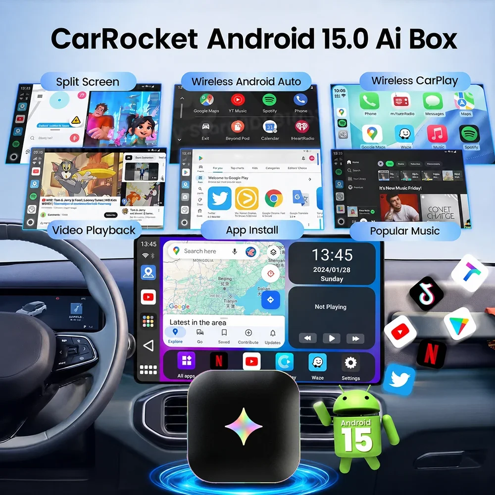 2026Android15 CarPlay Ai Box CarRocket Wireless Android Auto 4in1 USB Adapter For Youtube Netflix Universal TV Box Plug And Play