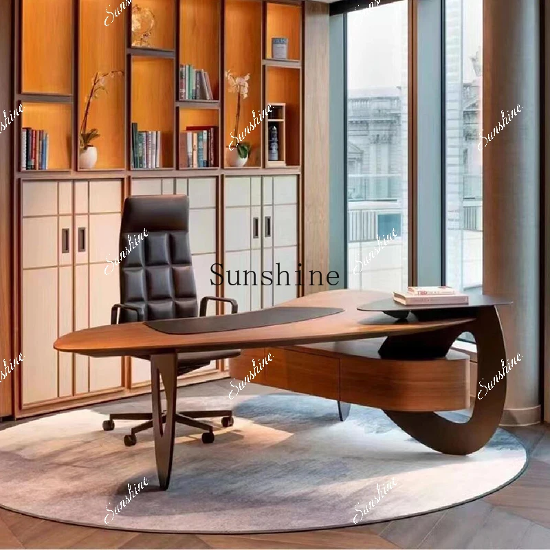 

Italian minimalist living room large long desk light luxury modern home earth double solid wood desk FT