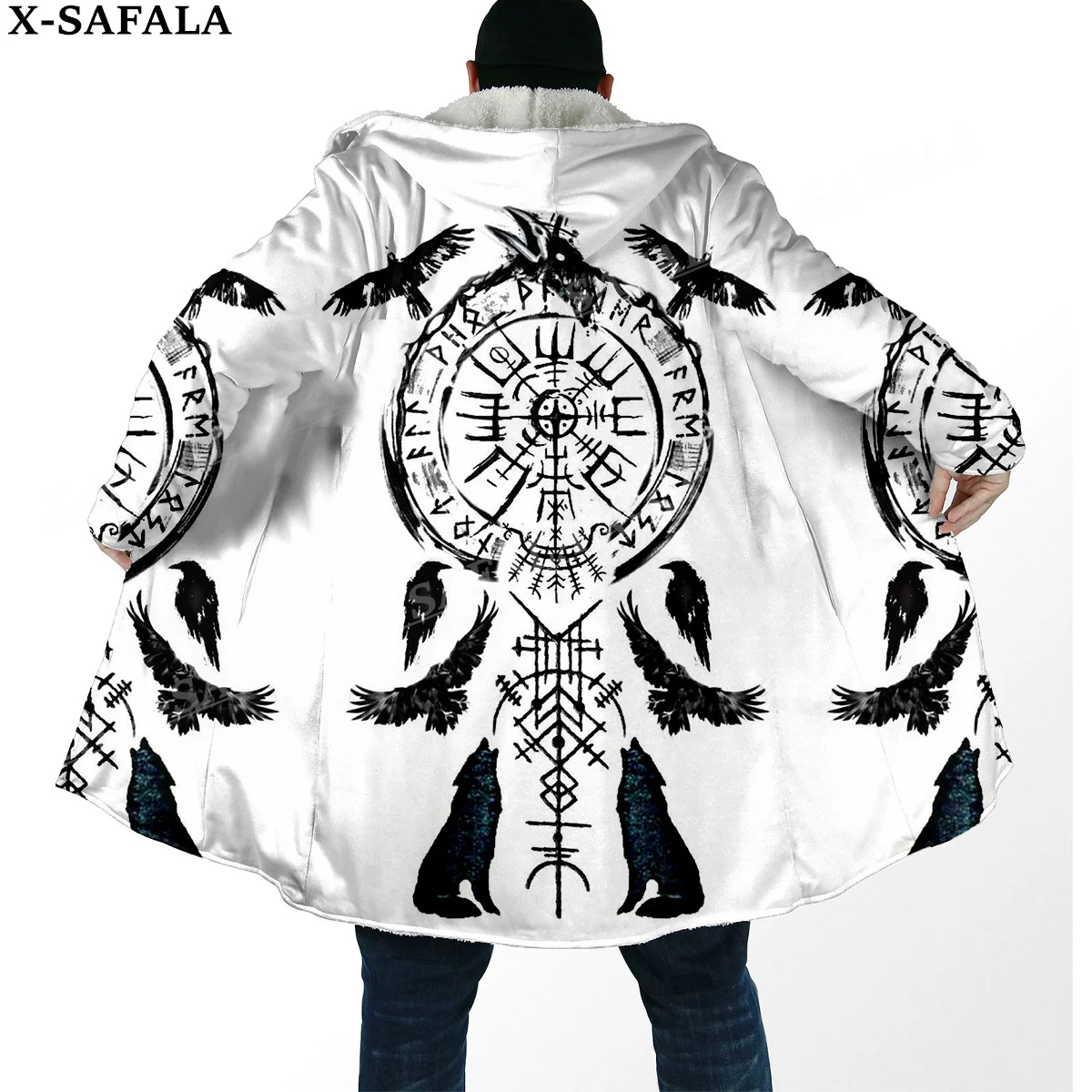 Raven Viking Tattoo Symbol 3D Print Thick Warm Hooded Cloak Men Overcoat Coat Windproof Fleece Cape Robe Hooded Blanket-2