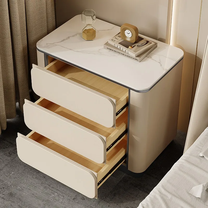 Minimal light luxury rock slab solid wood bedside table premium feeling bedside cabinet Italian stainless steel electroplated st