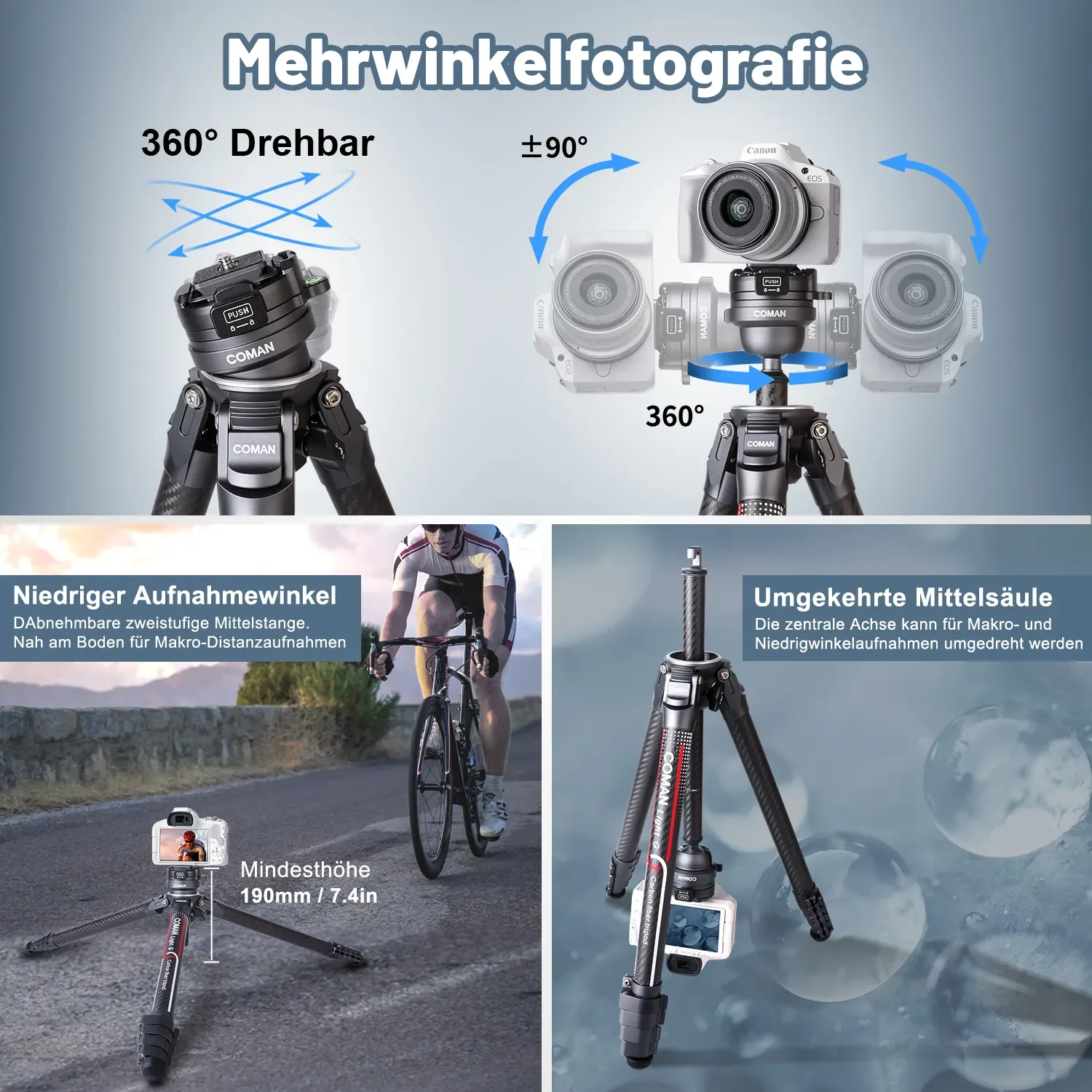 COMAN Light G Series Statyw z włókna węglowego Quick Arca Swiss Plate Głowica kulowa Statyw podróżny do lustrzanek cyfrowych na zewnątrz Statyw Monopod