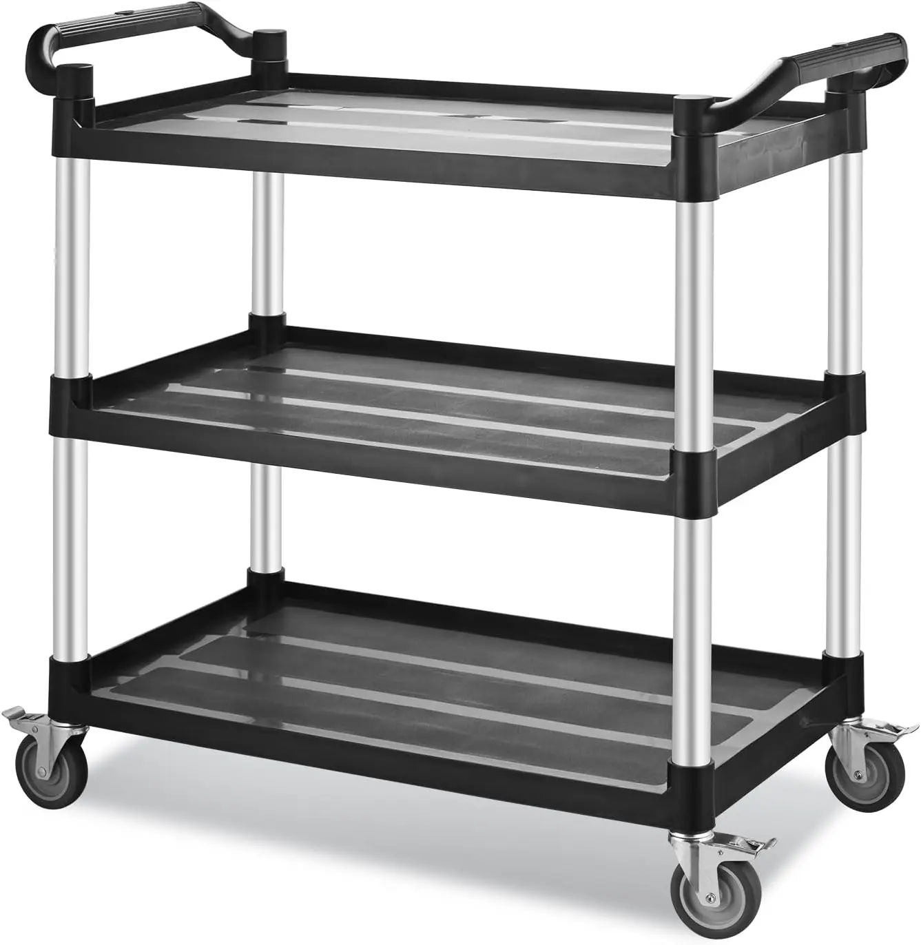 Utility Rolling Carts with Wheels, Large Plastic Service Carts, Heavy Duty Restaurant Cart with 4 Brake Lockable Wheels for Kitc