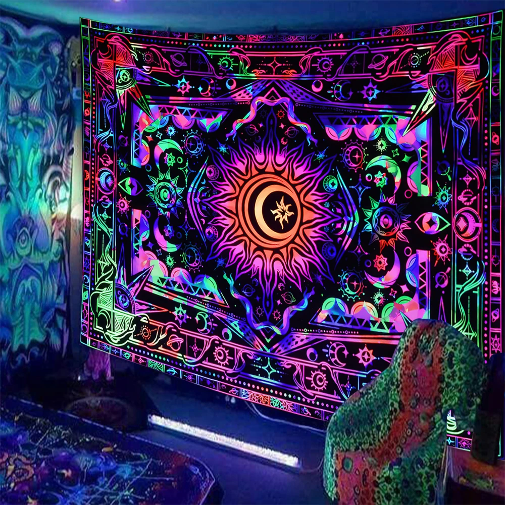 Black Light Mandala Skull Tree Of Life Tapestry Wall Hanging UV Reactive Trippy Kiss Skeleton Starry Sky Tapestries Home Decor