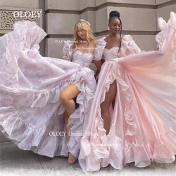 OLOEY Long Evening Dresses Princess Prom Dresses Formal Floor Length Ruffles Ruched Birthday Gowns Puff Sleeves Graduation Dress