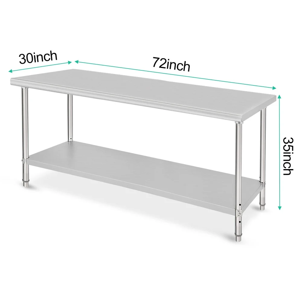 72 x 30 x 35 Inch Stainless Steel Work Table with Open Back Design Heavy Duty Food Prep Workbench for Kitche