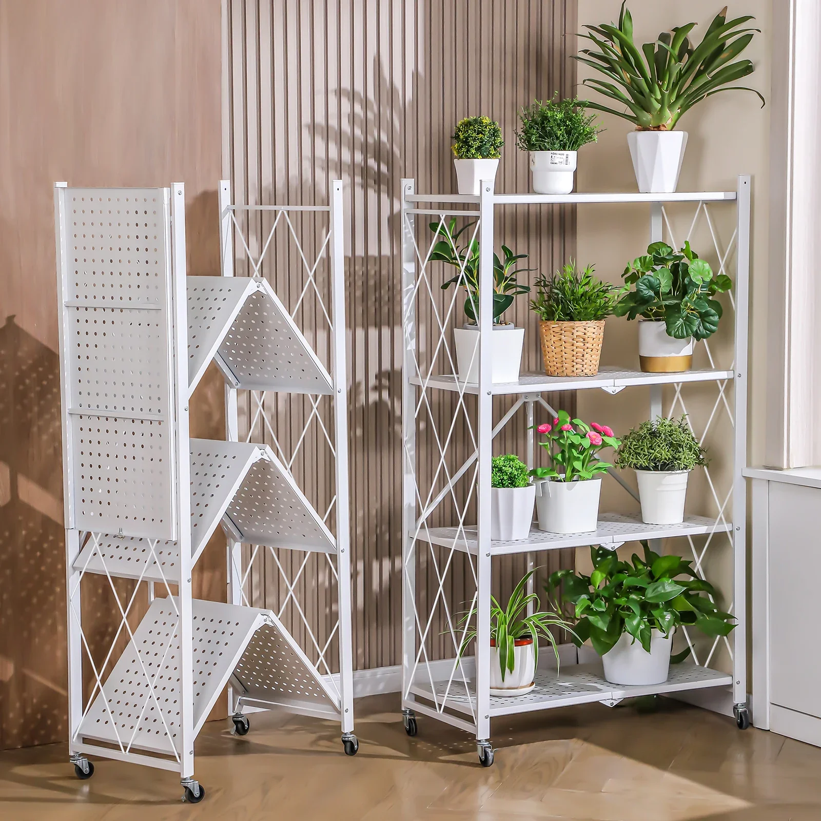 

5 Tier White Heavy Duty Foldable Metal Organizer Shelves with Wheels