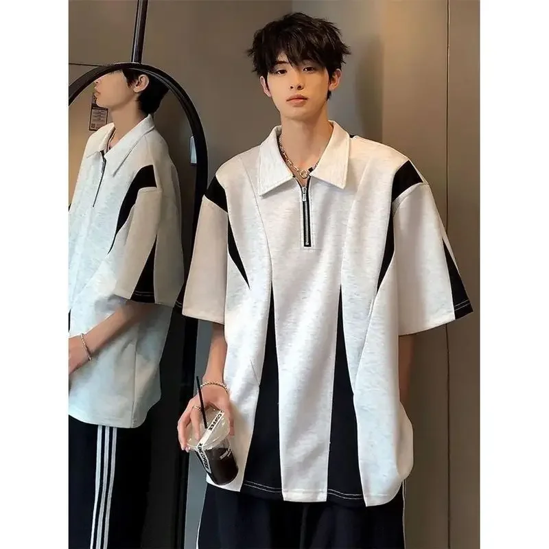 

Подплечники с короткими рукавами, нишевая футболка с воротником, уличная футболка контрастного цвета с отложным воротником, мужские топы, футболка большого размера