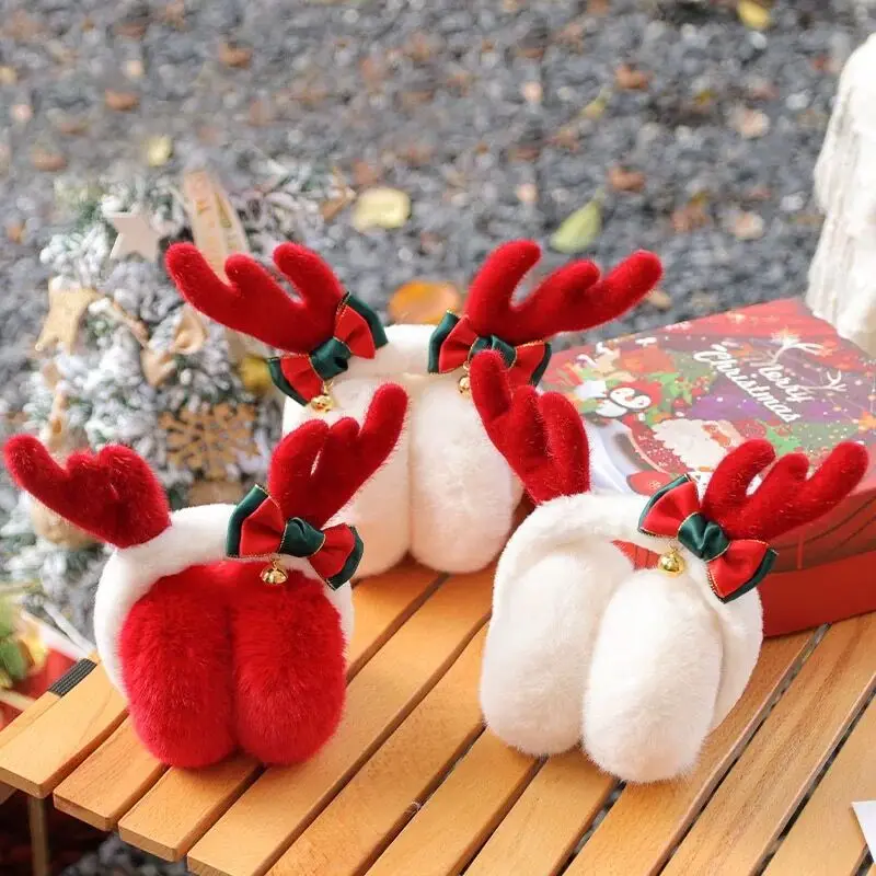 Christmas Foldable Plush Antler Earmuffs Women Warm Earmuffs Cartoon Deer Horn Bow Earflap Student Cold Protection Ear Cover