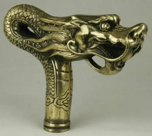 Chinese Brass Copper Hand carved Cane Walking Stick Head Handle Dragon Statue