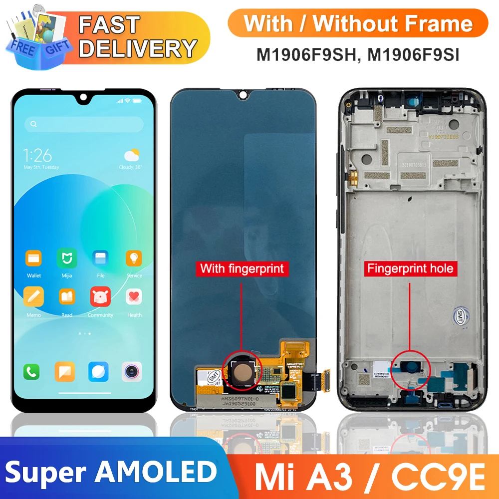 Super AMOLED Mi A3 Screen Replacement, for Xiaomi Mi A3 M1906F9SH Lcd Display Digital Touch Screen with Frame for Xiaomi Mi CC9e