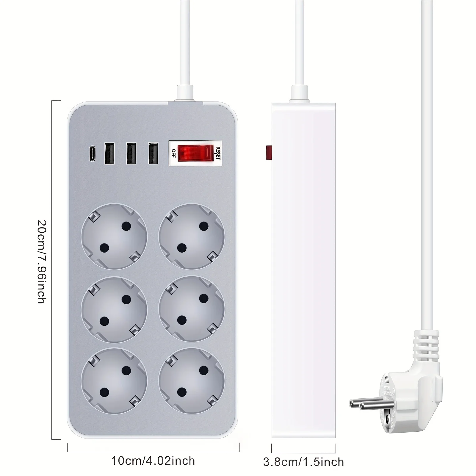 EU Plug Power Strip with 6 AC Outlets 3 USB Ports 1 Type C, Electrical Socket Adapter Wall Charger for Home Office Kitchen