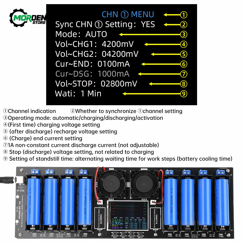 Type-C 8 Channel18650 Lithium Battery Capacity Tester Module MAh MWh Digital Battery Power Detector Module