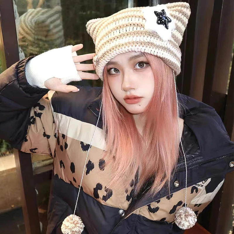 2023 New Handmade Beanies Hat Cute Five-star Cat Ear Striped Devil Winter Warm Pullover Knitted Cap Pompom Bonnets for Women