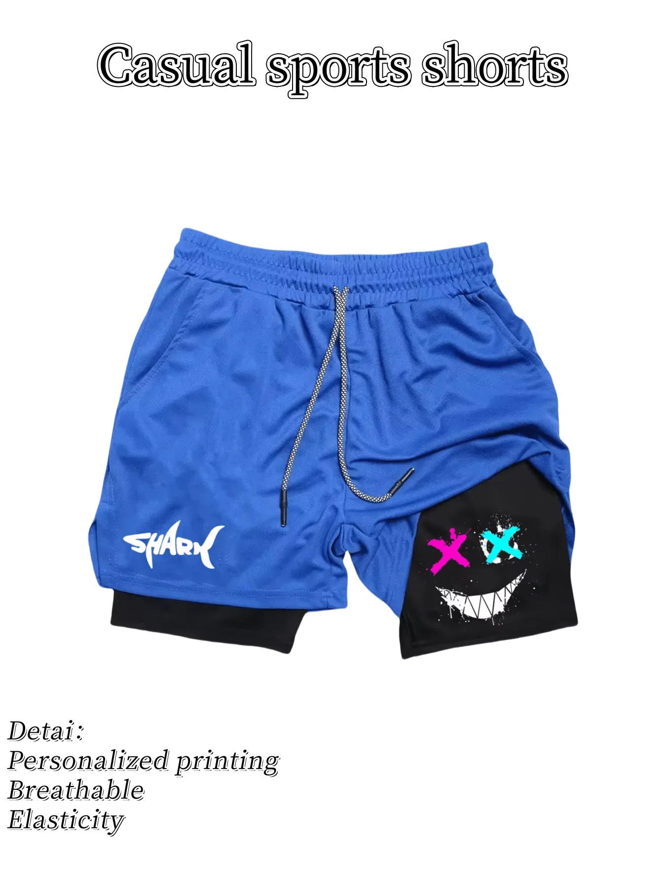 Лето 2029, мужские двухслойные тренировочные шорты для бега, шарнирная акула, графический принт, регулируемый шнурок на талии, спортивный тренажерный зал HX0041