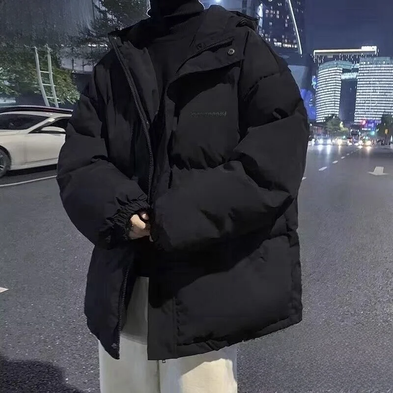 

Men's Winter Thiened Hooded down Cotton Jaet Loose Bread Sle Coat Warm Stand Fit Zipper Decoration Chinese Brand