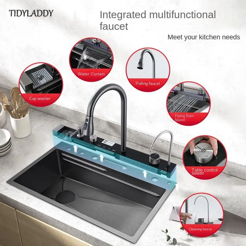 Stainless Steel Kitchen Sink Multifuctional Integrated Digital Display Waterfall Faucet Set Left Dish Drainer for Kitchen Sink