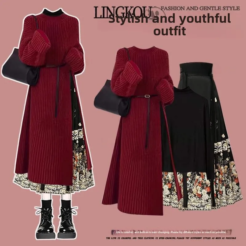 

plus Size Women's Cisas Red Knitted Base irt Meat Covering Top National Sle Face Skirt Tee Piece Set