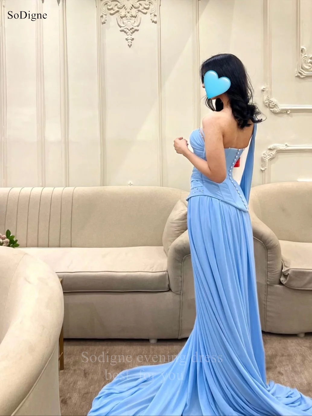 

SoDigne A-Line Blue Chiffon Prom Dresses Strapless Pleat Party Dress Charming Ribbons Sequined Cocktail Gowns Customized