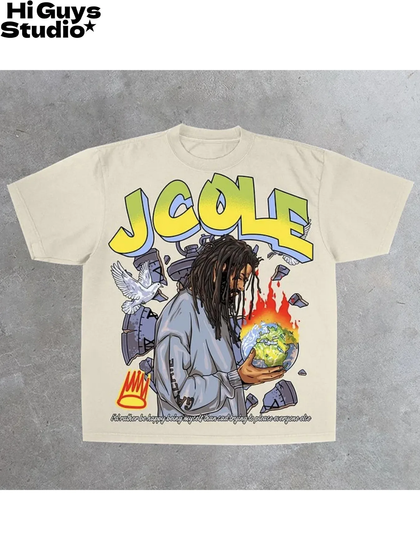 

J. Cole Evolution Pattern Men's Black Cotton T-Shirt 100% Cotton with Vivid Dove and Flame Design Casual Crew Neck Streetwear
