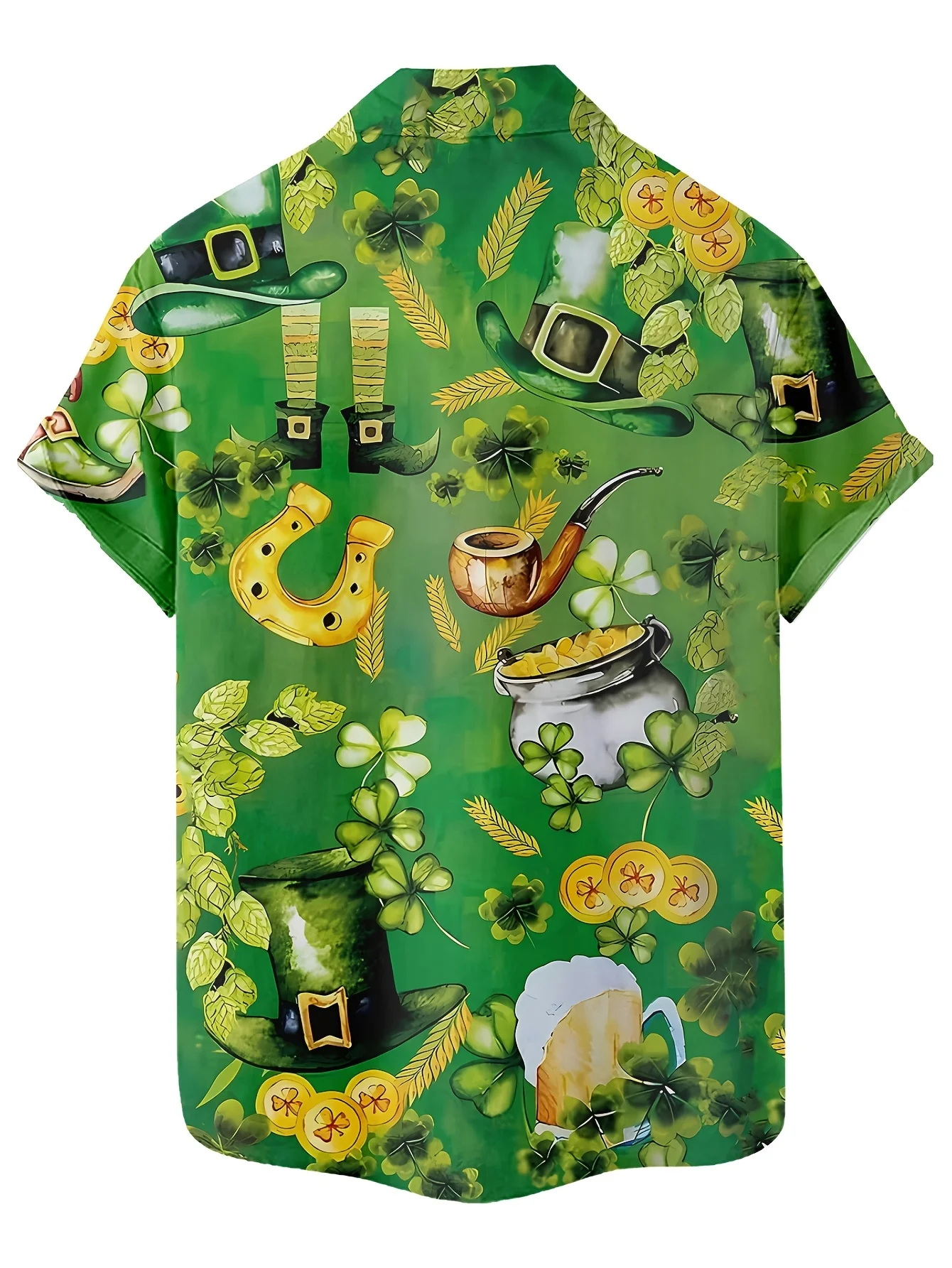 Men Short Sleeve Shirt St.Patrick's Day Clover Leprechaun Hat Gold Coin Print Turn‑Down Collar Button‑Up Holiday Top