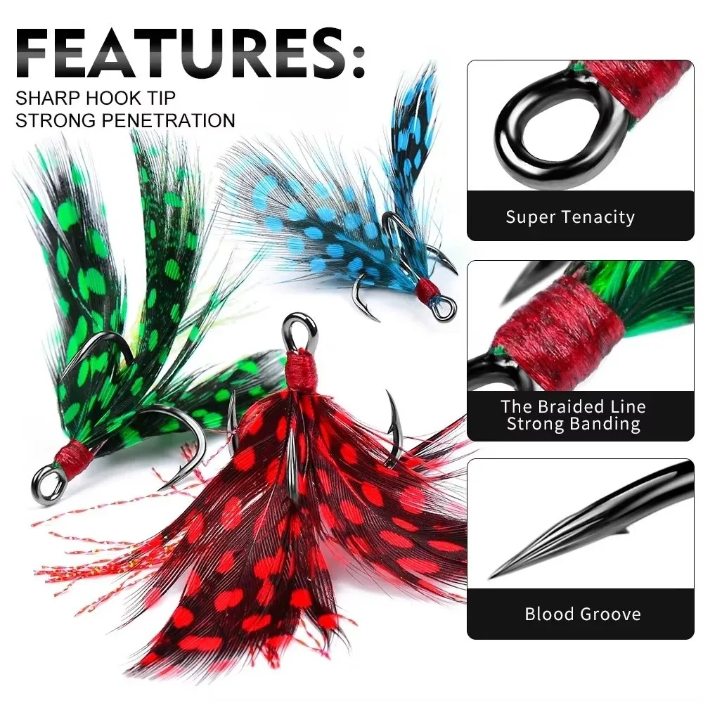 6 # -10 #   خطافات حادة ثلاثية الحجم، ميزة شائكة، تصميم قوة، خطافات صيد من الفولاذ الكربوني، زخرفة الريش، مادة فولاذية كربونية