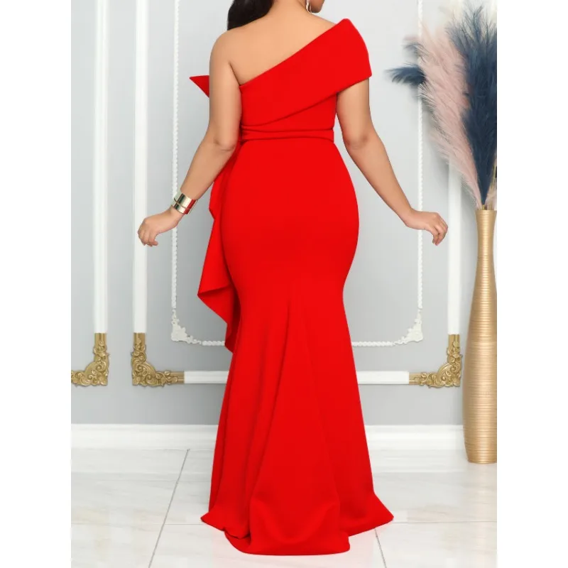 ที่กําหนดเอง Maxi Party Dresses สําหรับผู้หญิงสีส้มหนึ่งไหล่ Ruffles ดอกไม้ Empire Bodycon ทรัมเป็ตชุดราตรีค็อกเทลกิจกรรม Gowns 4