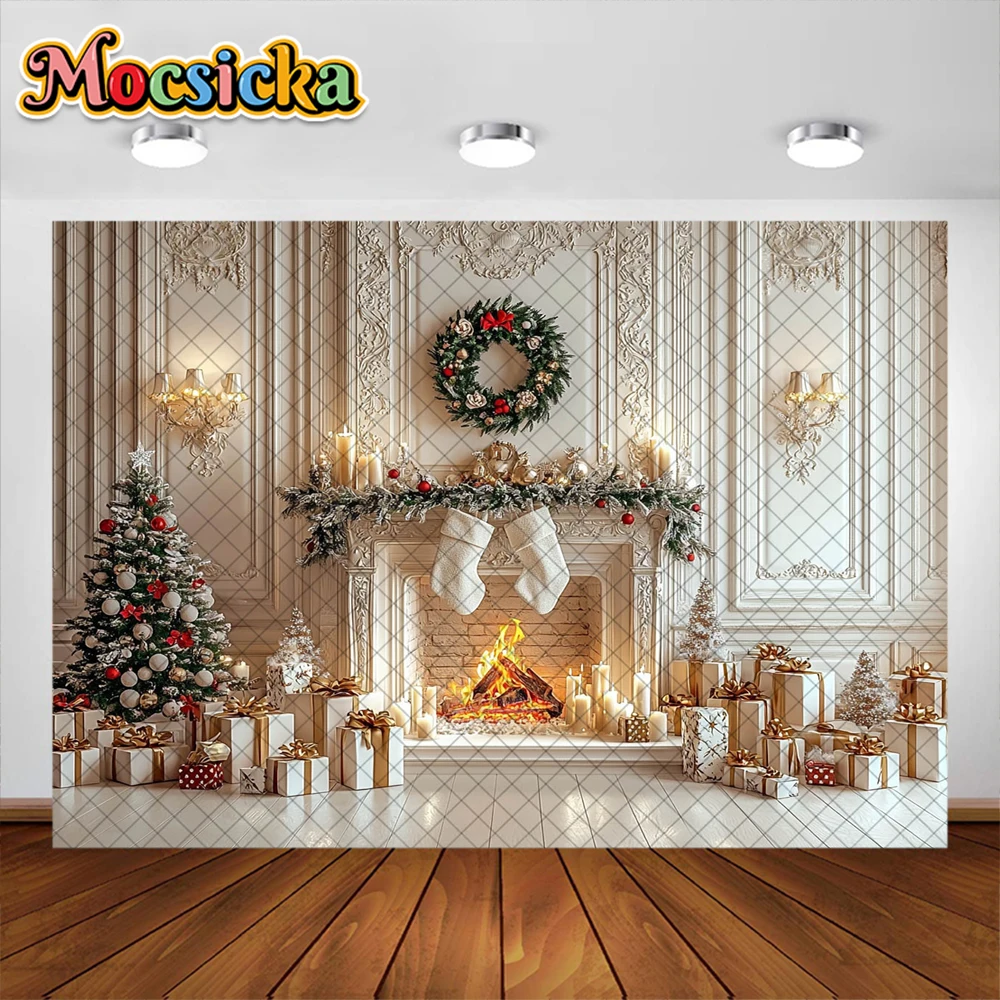 Fondo de fotografía de Navidad, árbol de Navidad, chimenea, guirnalda, suministros de decoración, retrato familiar, fondos de fotos, accesorios de estudio