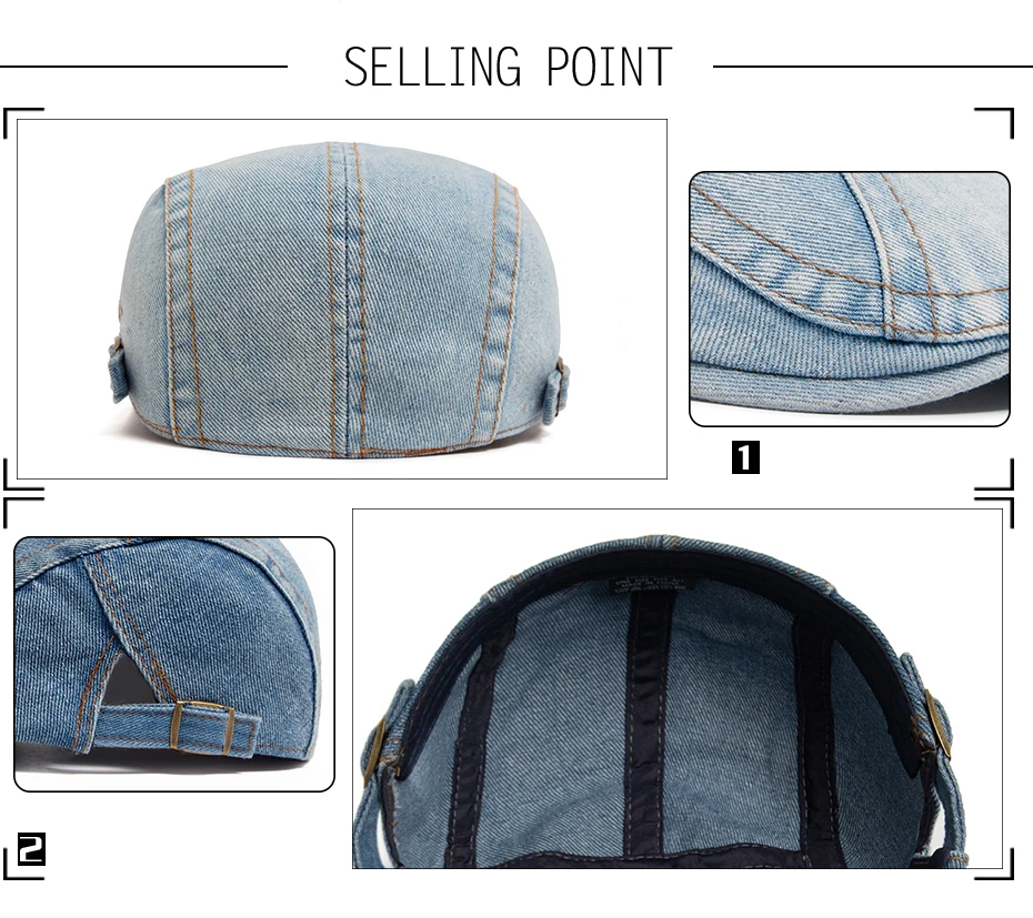Frauen Baskenmütze Mode Denim Vintage Zeitungsjunge Mütze Für Männer Sommer Solide Gewaschen Flache Kappen Casual Weibliche Visier Hut Unisex Einstellbar – Detail 2