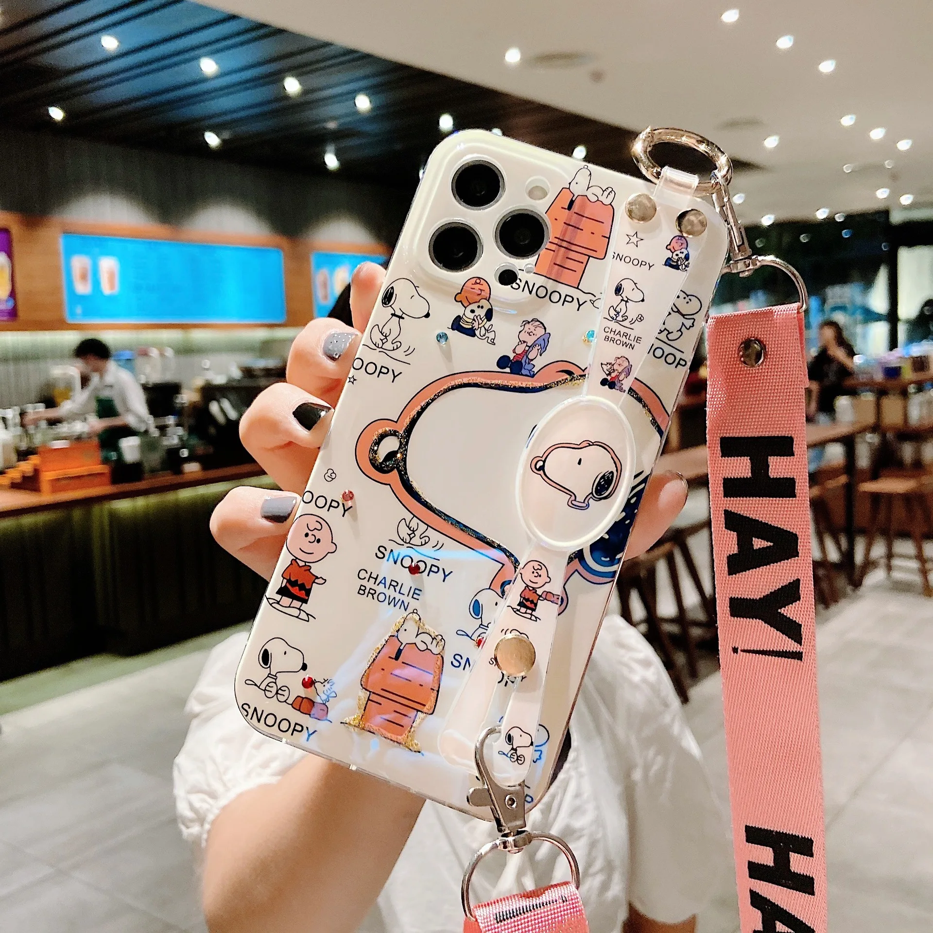 Cute Snoopy Charlie Brown Luxury Laser Wrist Strap Bracket Phone Case For iPhone 13 12 14 15 11 X Crossbody Strap Lanyard Cover