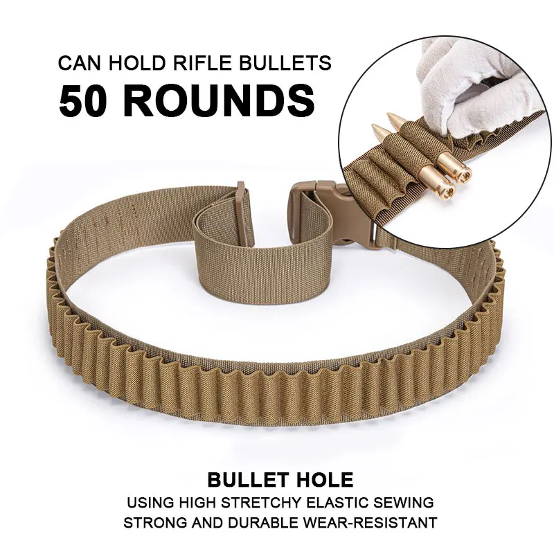 50 Rounds Rifle Bullet Cartridge Bandolier 556 Ammo Belt Shell Holder Hunting Sporting Shooting for 308 Cal. 30-06 .762 AK