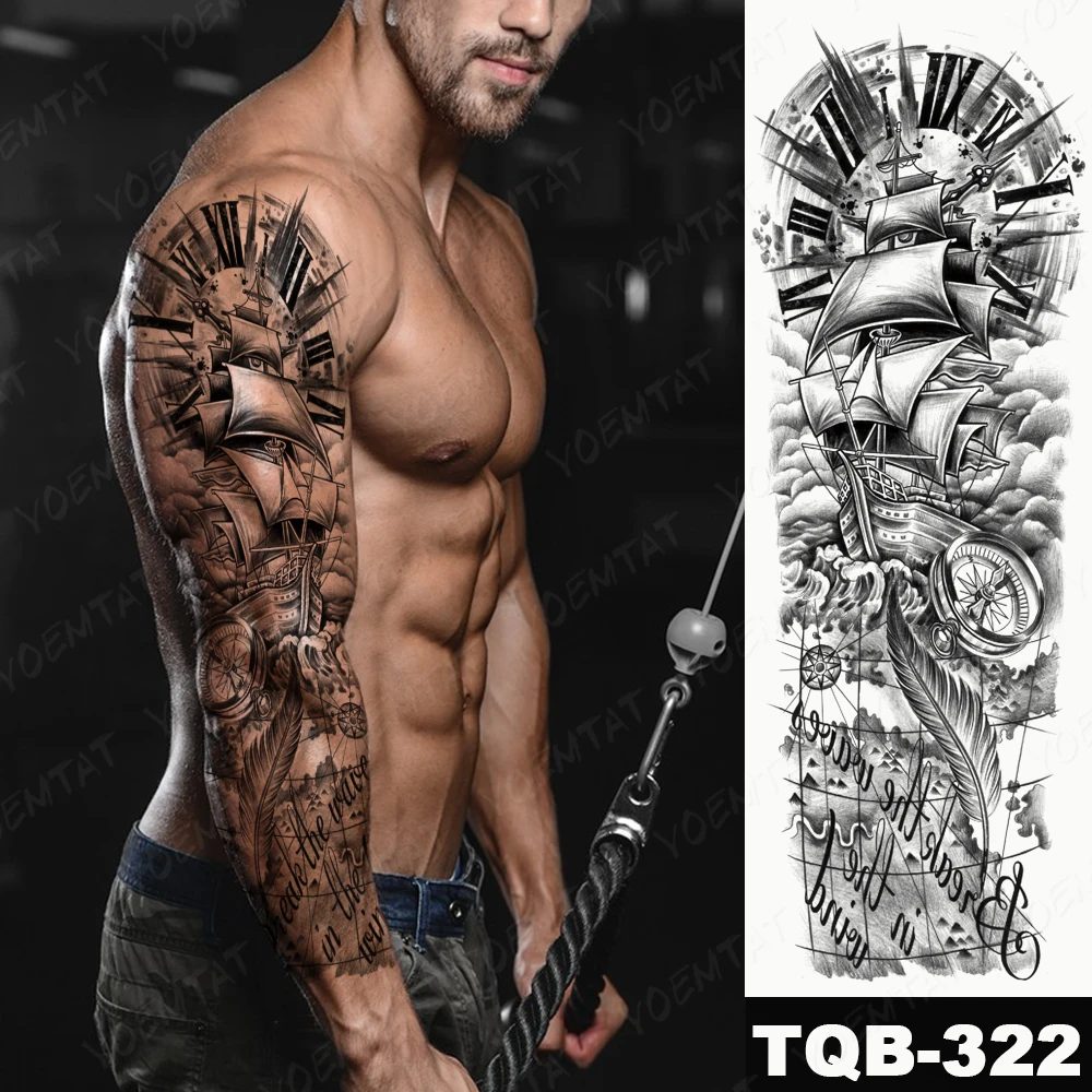 Full Large Arm Sleeve Tattoo Poseidon Pigeon Waterproof Temporary Tatoo Sticker Viking Compass Rose Men Women Body Art Fake Tato