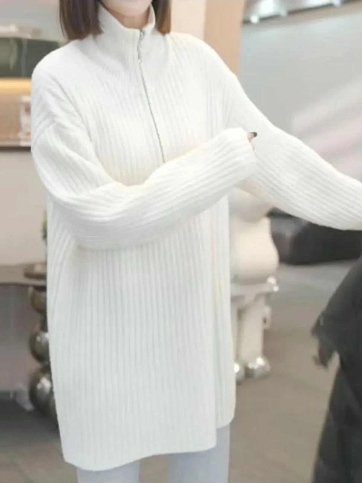 لينة Thiened عالية الياقة المرأة محبوك سترة f سستة فضفاضة تناسب الدافئة الخريف الشتاء Faion ملابس داخلية غير رسمية #4