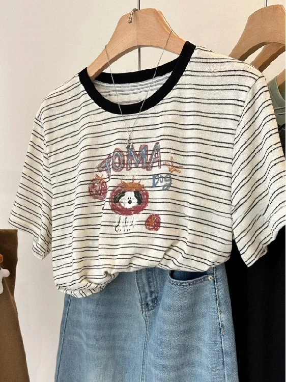 

plus Size Women's T-Shirt Short Sleeve Cartoon Print Striped Casual Comfortable Base Layer Half Sleeve Top Summer Polyester