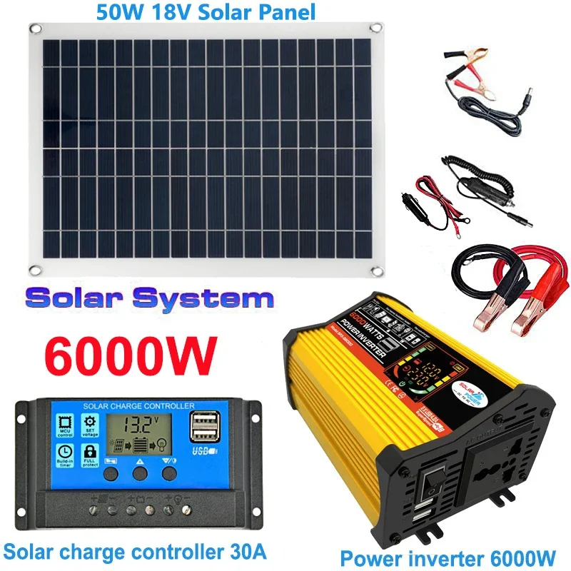 

110V/220V Solar Power System 50W Solar Panel 6000W Modified Sine Inverter 30A Controller Power Generation Kit for Outdoor Phone