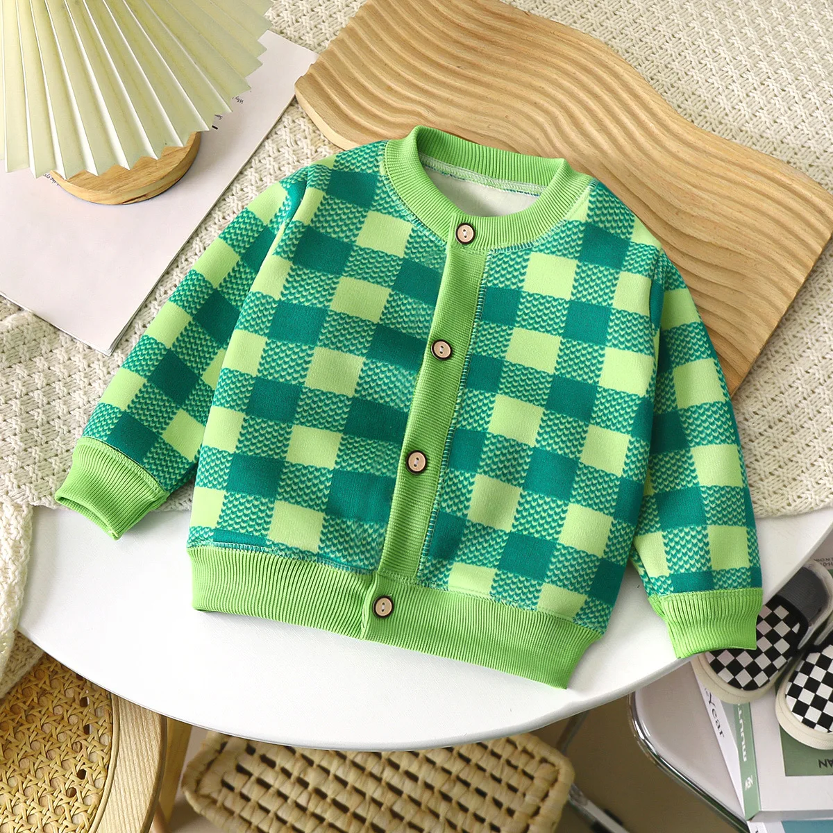 Baby Boys Girls Thicken Knitted Cardigan New 2024 Autumn Winter Kids Cartoon Plaid Warm Knitwear Sweater Coat Casual Clothing