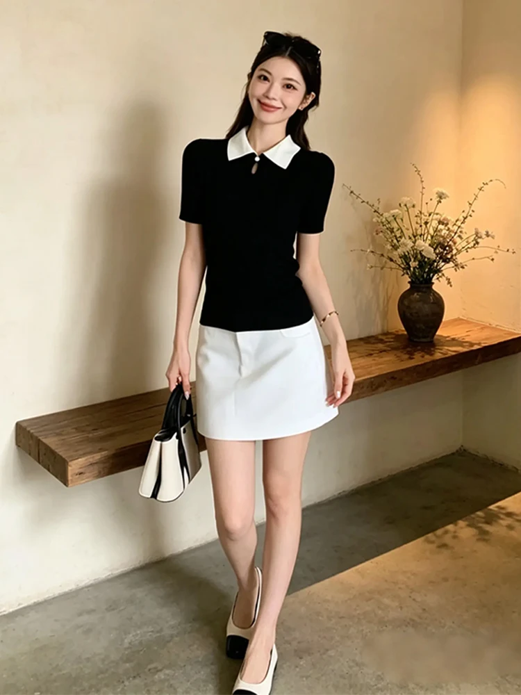 

Summer Neck Two-Piece Set Women's High Waist Short Skirt Bodycon Top Breathable Casual Fashion Ensemble for Younger Look