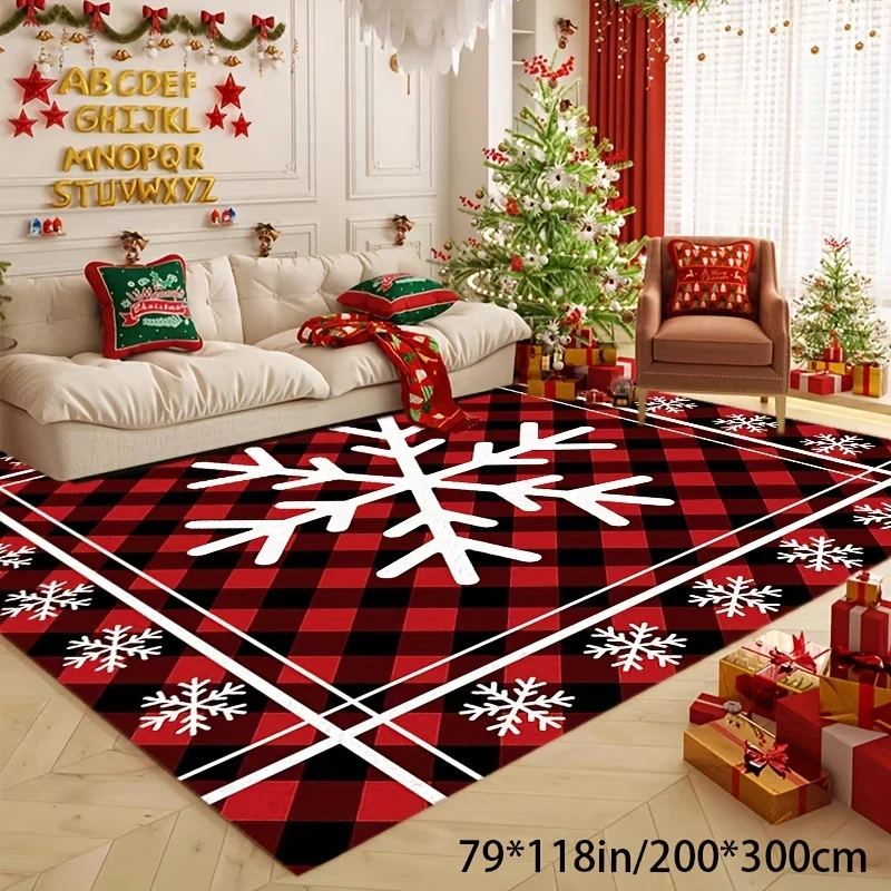 VIKAMA Classic Buffalo Check Xmas Home Rug Big Center Snowflake And Border Snow‑flakes Pattern Wear‑resistant Indoor Floor Mat