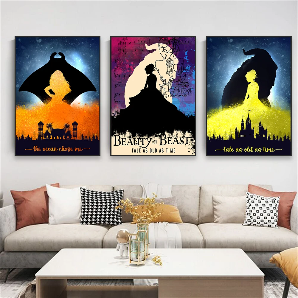 Minilist Abstract Disney Princess Poster Retro Portrait Beauty and the Beast Print Cinderella Frozen  Art Canvas Painting Decor