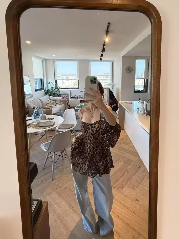 

Fashion Leopard Print Sling Tops For Women Sexy Ruffled Hem Slim Fit Camisole Casual Holiday Outfits