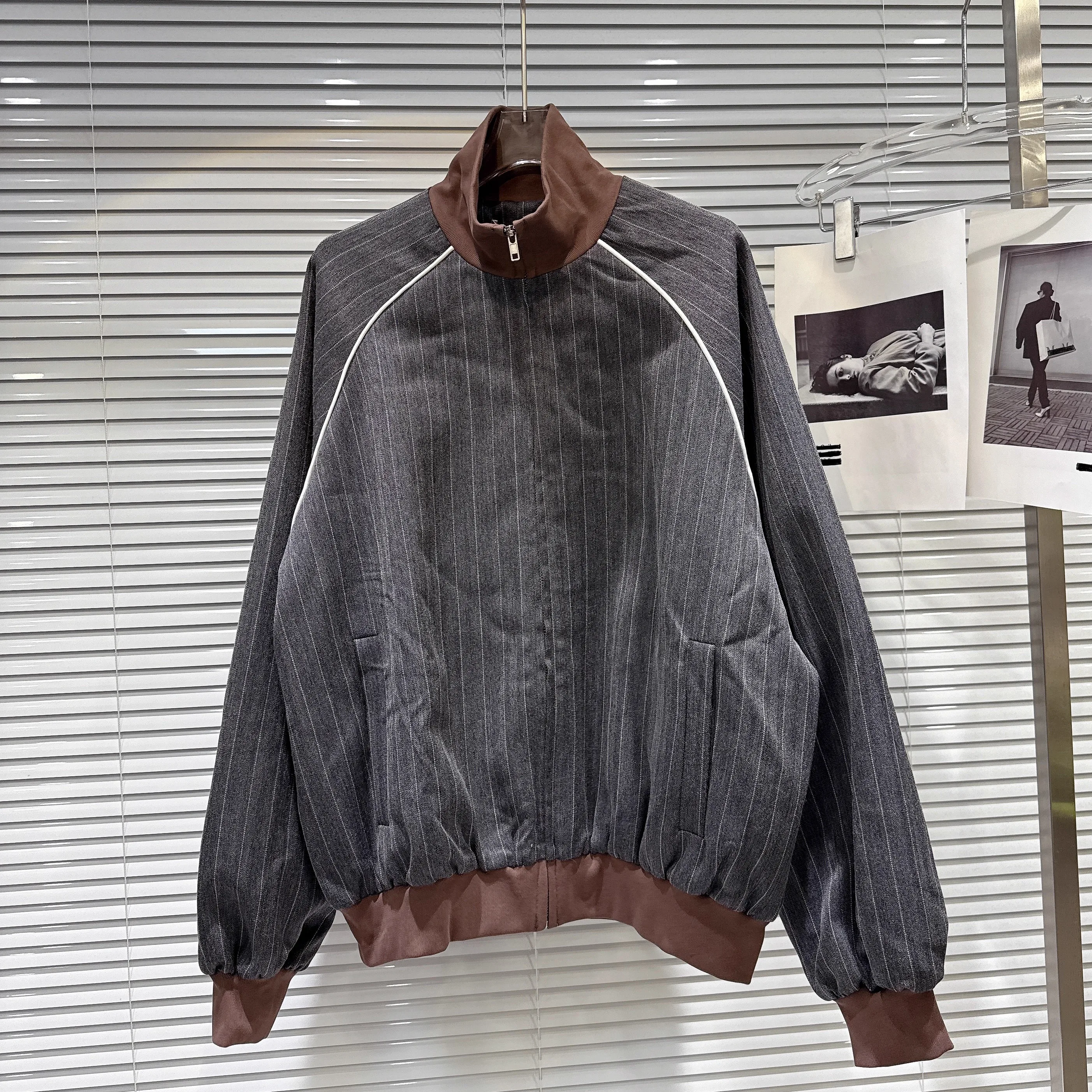 

Retro Street Sle Color Blo Stripe Set with Stand Collar ort Jaet And Pleated Skirt for Women Autumn Faion Outfit