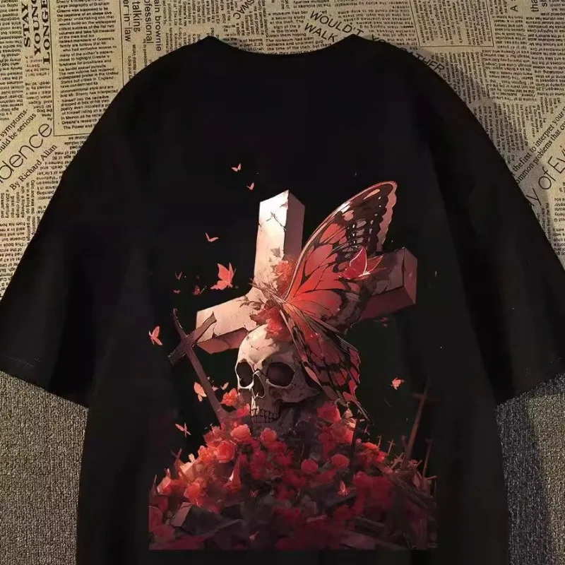 

Cross Skull Print Short-sleeved T-shirt Women's Street Spring and Summer Loose High Street Top