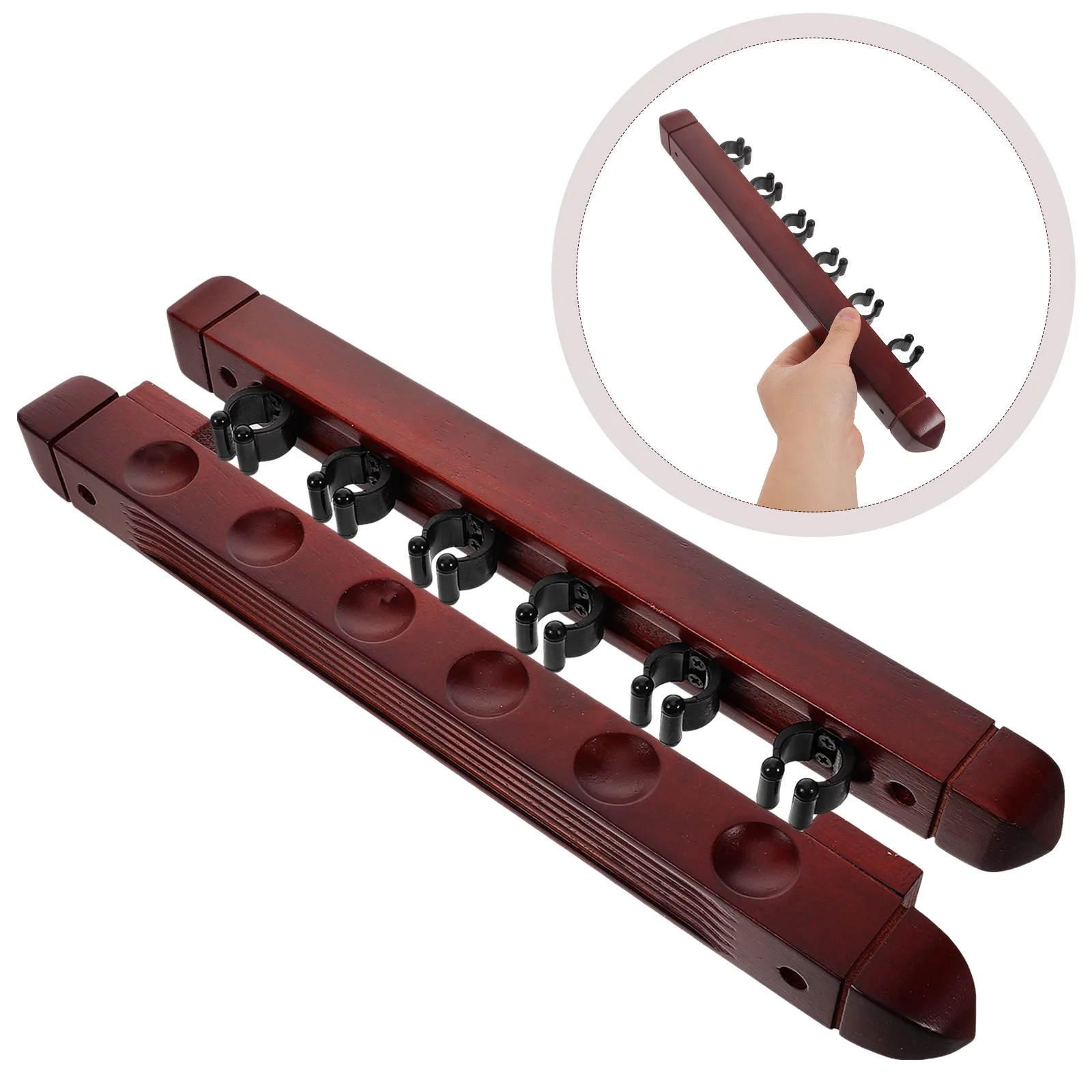 

2 шт., настенная бильярдная стойка из цельного дерева, держатель с 6 отверстиями для бильярдных палочек, устойчивое к царапинам решение для хранения, украшение игровой комнаты