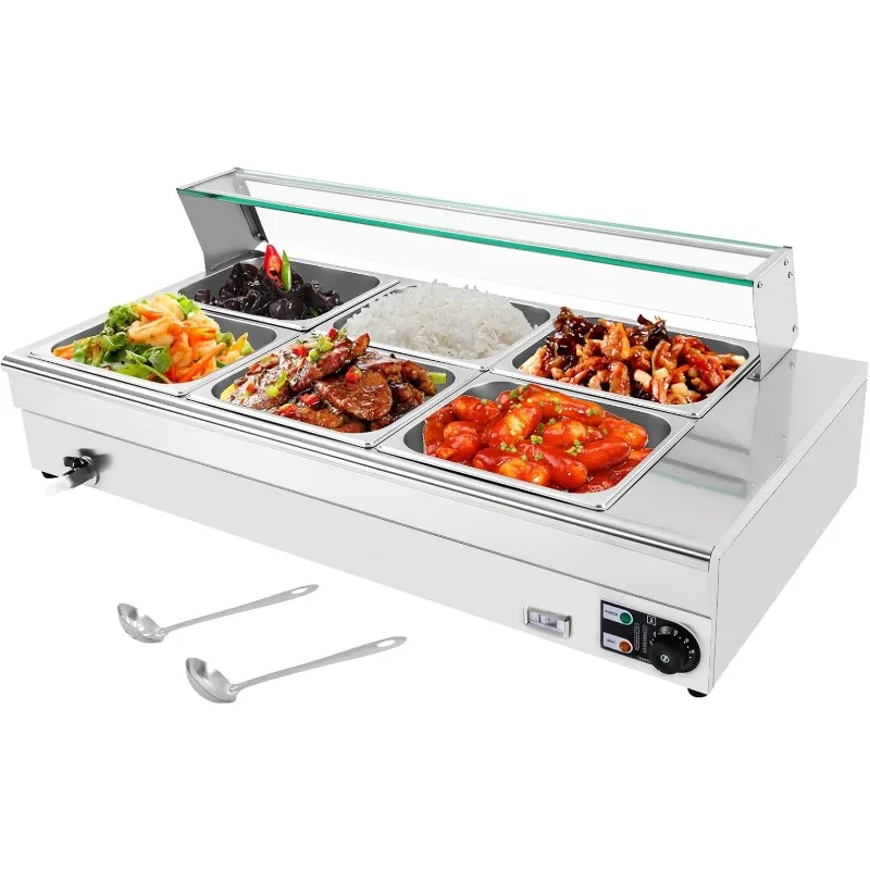 6 Pan Commercial Food Warmer 1200W, 38Qt 6 Pan x 1/2 GN Stainless Steel Electric Countertop Steam Table