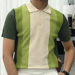 Summer Men's Clothing Luxury Knit Short Sleeve Polo Shirt Retro Button-down Patchwork Popular Fashion Business Leisure Knitwear