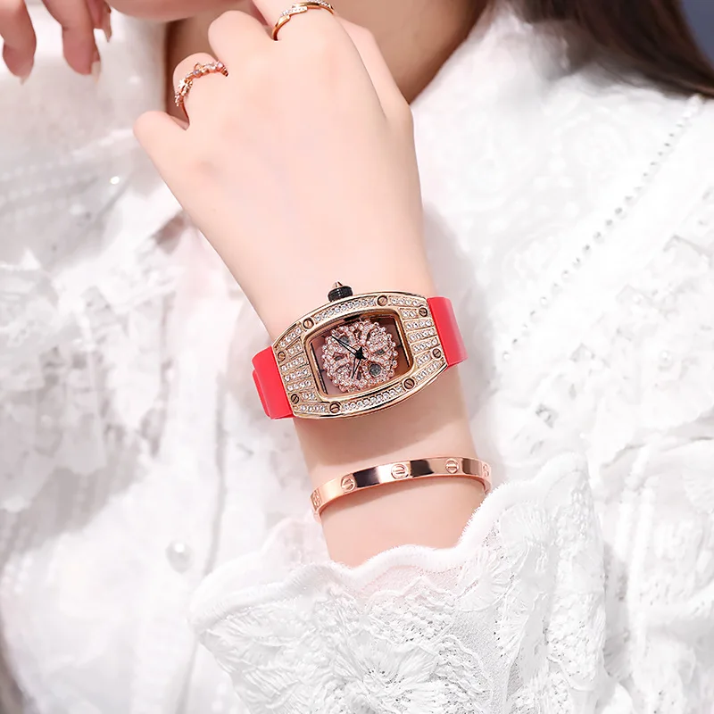 Ladies Watch Pentagram Rhinestone Spinning Diamond Face for Women Silicone Strap Sports Quartz Richard Watch Relojes Para Mujer