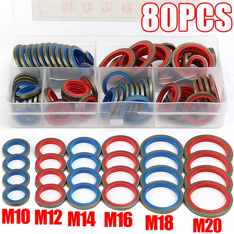 

80PCS Oil Drain Plug Gasket M6-M20 Car Engine Combination Gasket Repair Kit Carbon Steel Seal O-Ring Bonded Oil Drain Washer