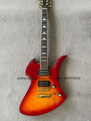 Cherry Sunburst Electric Guitar Bu Guitar Fixed Bridge Active Battery Gold Tuners 24 Frets neck Set in body